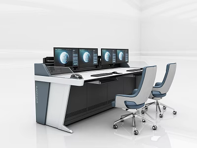 Modern Office Desk Setup With Multiple Computer Monitors And Ergonomic Chairs 3d model