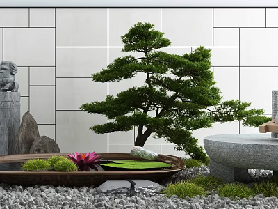 Miniature Garden Decor With Bonsai Pine Tree Round Water Basin Lotus Leaf And Purple Flower 3d model