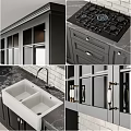 Modern Kitchen With Dark Gray Cabinets Marble Countertop Wine Rack And Brick Wall