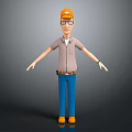 3D Worker Character Wearing Orange Safety Helmet Gray Shirt And Blue Pants With Outstretched Hands