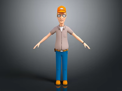 3D Worker Character Wearing Orange Safety Helmet Gray Shirt And Blue Pants With Outstretched Hands 3d model