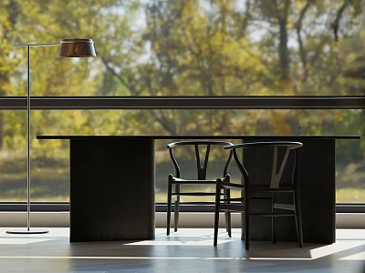 Modern Minimalist Tea Table And Chairs By Window With Floor Lamp And Natural Tree View 3d model