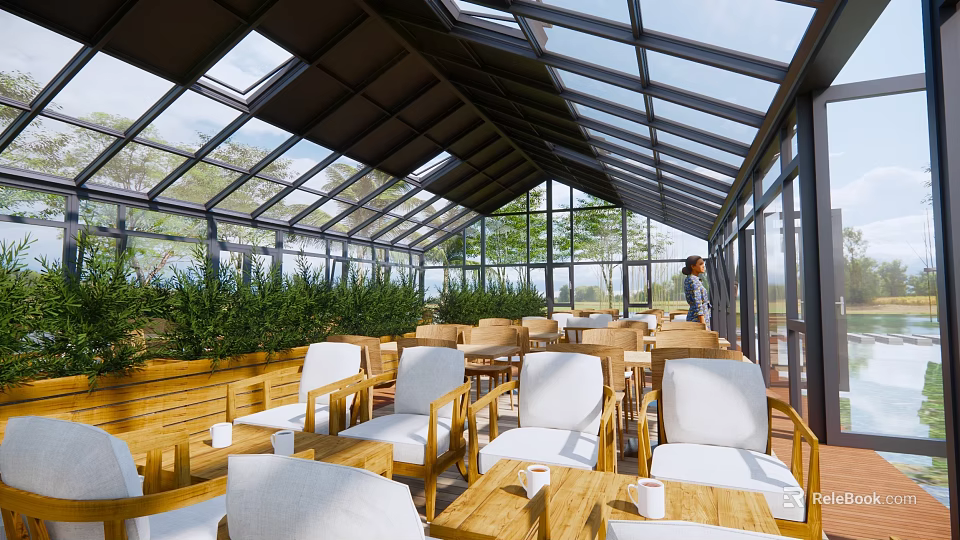 Sunlit Glass Roof Café Interior With Wooden Tables White Seats Green Plants And Outdoor View 3d model 