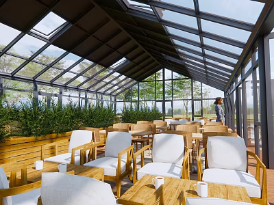Sunlit Glass Roof Café Interior With Wooden Tables White Seats Green Plants And Outdoor View 3d model