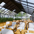 Sunlit Glass Roof Café Interior With Wooden Tables White Seats Green Plants And Outdoor View
