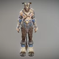 Fantasy Horned Mythical Creature With Brown Blue White Decorative Armor And Leather Clothing