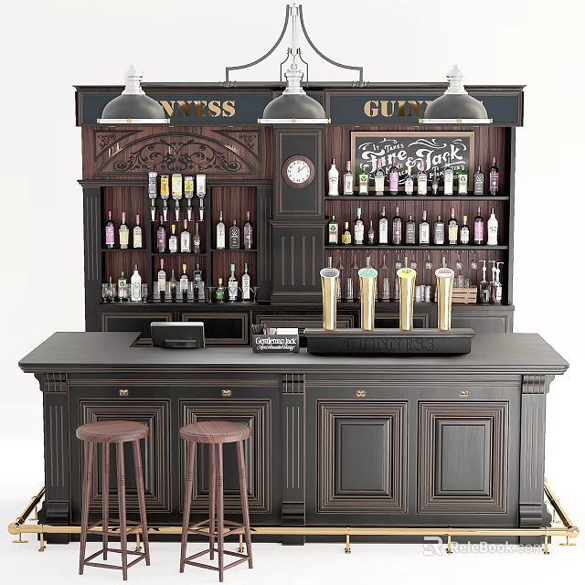 Classic Bar With Signs Clock Pendant Lights Finest Drinks Sign Bottle Shelves And Stools 3d model