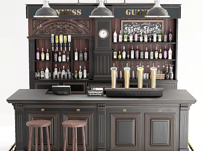 Classic Bar With Signs Clock Pendant Lights Finest Drinks Sign Bottle Shelves And Stools 3d model