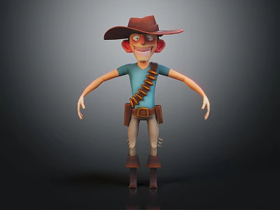 Cartoon Cowboy Character With Brown Hat Blue T Shirt And Bullet Belt 3d model
