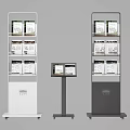White and Dark Gray Display Shelving Units With Digital Screen And Multiple Tiers For Product Storage
