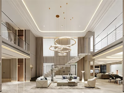 Elegant Modern Living Room Interior With High Ceiling Circular Chandeliers White Sofas And Staircase 3d model