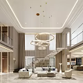 Elegant Modern Living Room Interior With High Ceiling Circular Chandeliers White Sofas And Staircase