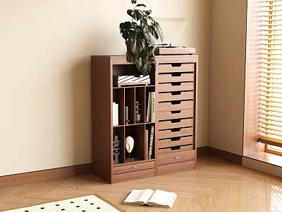 Wooden Bookshelf With Drawers And Open Shelves Potted Plant Open Book Home Interior 3d model