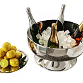 Stainless Steel Ice Bucket With Ice Cubes Champagne Bottles And Lemon Plate