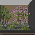 Indoor Landscape With Pink Flowering Trees Blue Flowers Palm Plants And Rocks By Staircase