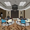 Elegant Restaurant Interior With Chandeliers Tables Chairs Patterned Carpet And City View Windows