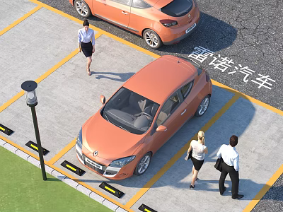 Open Paved Parking Lot With Orange Cars People Walking And Marked Spaces 3d model