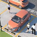 Open Paved Parking Lot With Orange Cars People Walking And Marked Spaces