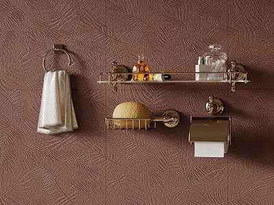 Bathroom Accessories on Brown Textured Wall Including Towel Ring Shelf Soap Dish Toilet Paper Holder 3d model