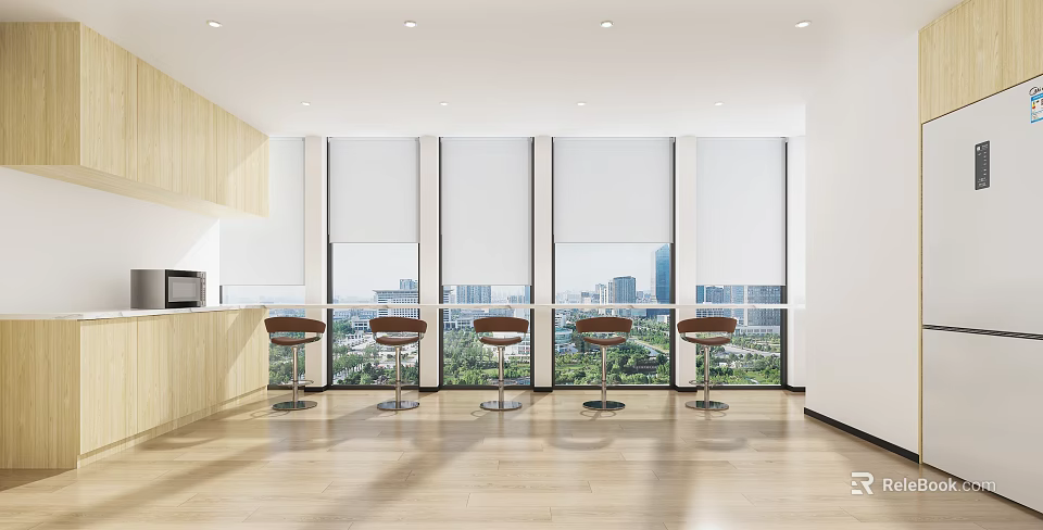 Modern Tea Room Interior With Large Windows Bar Counter And High Stools 3d model