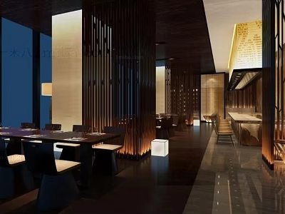 Elegant Modern Restaurant Interior With Wooden Slats Dining Tables And Ambient Lighting 3d model