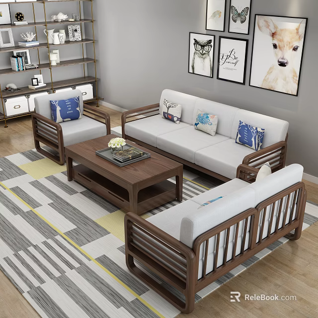 Cozy Modern Living Room With Solid Wood Fabric Sofa Set Stylish Coffee Table And Rug 3d model 