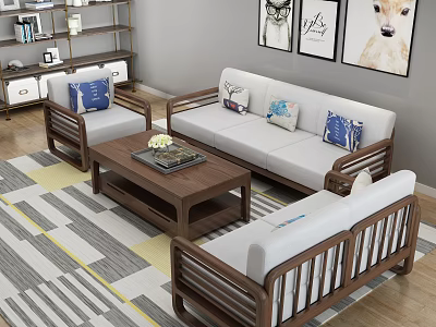 Cozy Modern Living Room With Solid Wood Fabric Sofa Set Stylish Coffee Table And Rug 3d model