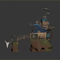 Cartoon Style House Scene Built on Rock with Wooden Bridge Green Leaves and Blue Roof