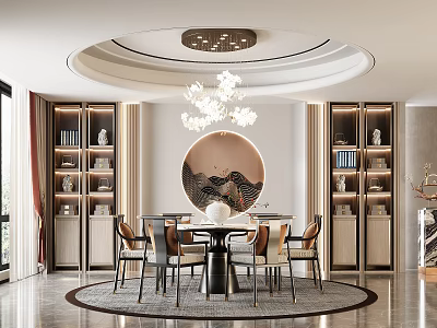 Elegant Restaurant Interior Design With Round Dining Table Chandelier Circular Decorative Painting And Area Rug 3d model
