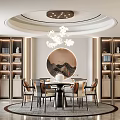 Elegant Restaurant Interior Design With Round Dining Table Chandelier Circular Decorative Painting And Area Rug