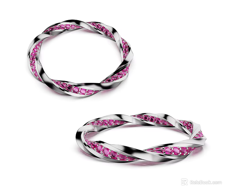 Twisted Silver Tone Bracelets With Pink Gemstones For Elegant Jewelry Collection 3d model 