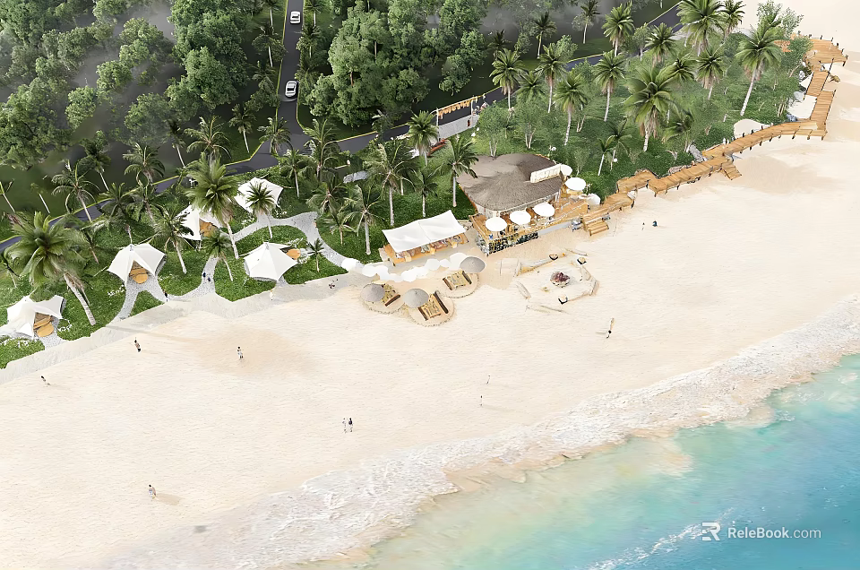 Beachfront Waterfront Landscape With Sandy Shore Palm Trees Sun Umbrellas And Pavilions 3d model 