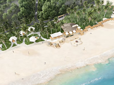 Beachfront Waterfront Landscape With Sandy Shore Palm Trees Sun Umbrellas And Pavilions 3d model