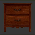 Red Wooden Nightstand with Two Drawers and Metal Handles on Scalloped Legs