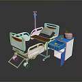 Medical Hospital Bed With White Frame Wheels Side Cabinet And IV Stand