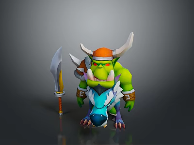 Horned Green Skinned Warrior With Orange Helmet And Large Sword Standing By Blue Creature Companion 3d model