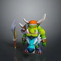 Horned Green Skinned Warrior With Orange Helmet And Large Sword Standing By Blue Creature Companion