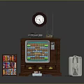 Vintage TV On Wooden Cabinet With Wall Clock Radio Bookcase With Books And Fan