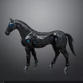 Metallic Mechanical Horse Character With Blue Glowing Eyes And Shiny Surface