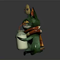 Green cat wearing colorful scarf holding white bottle with small bird on head