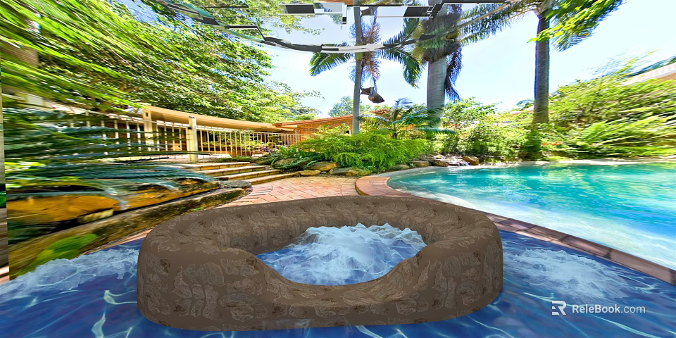 Outdoor Jacuzzi Surrounded By Turquoise Pool Tropical Palms And Lush Greenery 3d model 