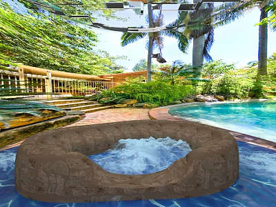 Outdoor Jacuzzi Surrounded By Turquoise Pool Tropical Palms And Lush Greenery 3d model