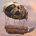 Vibrant Colorful Striped Hot Air Balloon With Wooden Basket Flying In Sunset Sky
