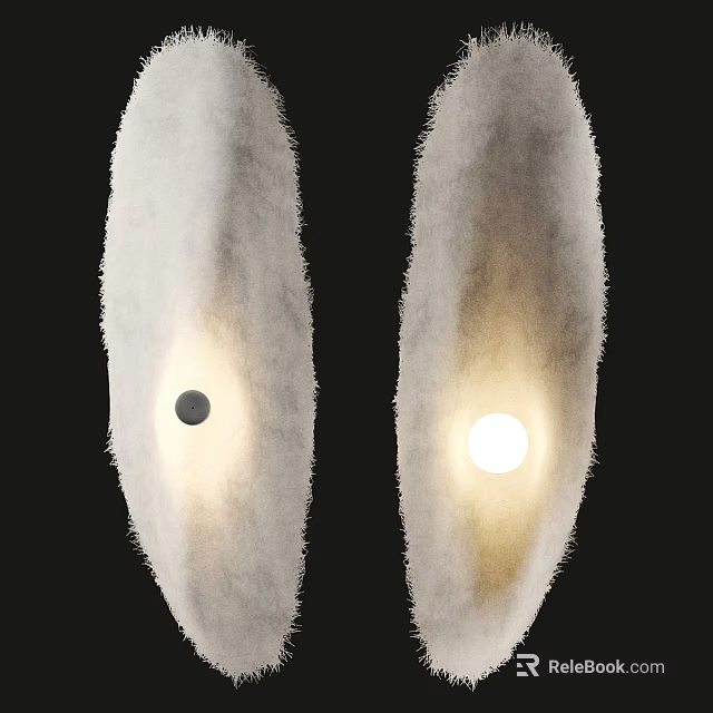 Two White Fluffy Chandeliers With Black Small Dot on Left and Lit on Right 3d model 
