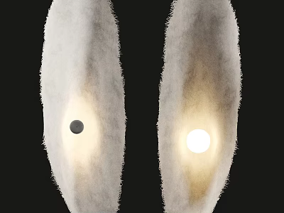 Two White Fluffy Chandeliers With Black Small Dot on Left and Lit on Right 3d model