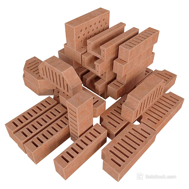 Red Brick Building Components Featuring Various Shapes And Structural Design Elements 3d model 