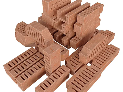 Red Brick Building Components Featuring Various Shapes And Structural Design Elements 3d model