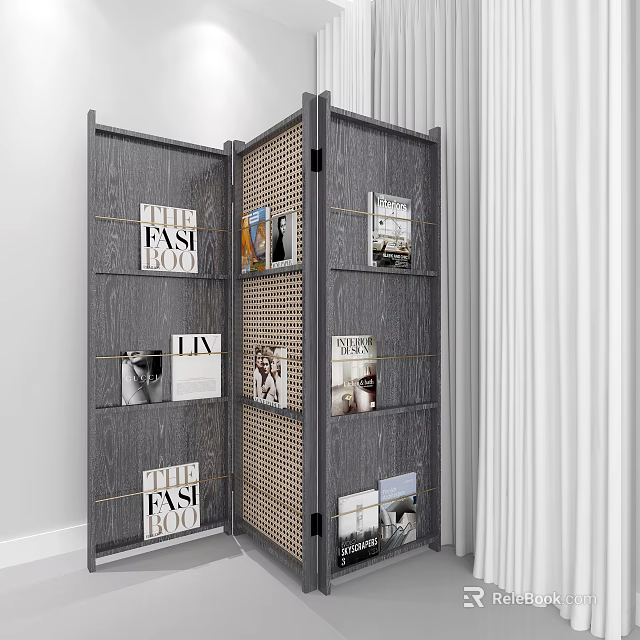 Modern Gray Room Divider With Woven Texture And Magazine Storage Shelves 3d model 