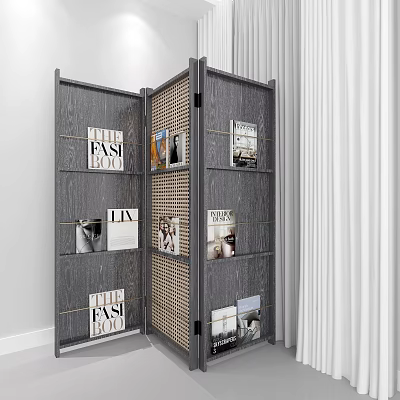 Modern Gray Room Divider With Woven Texture And Magazine Storage Shelves 3d model