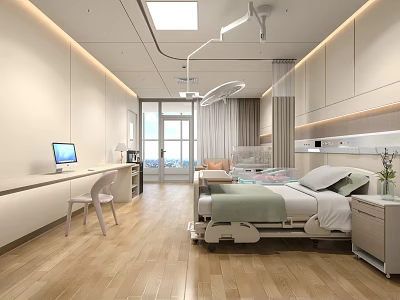 Modern Hospital Room Interior With Medical Bed Equipment Window And Wooden Floor 3d model